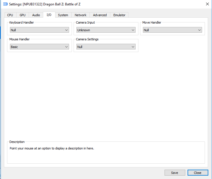 I/O Settings Window